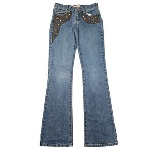 VTG Jeans D Y2K Low Rise Flare Jeans Beaded Embellished Denim Blue Sz 3
